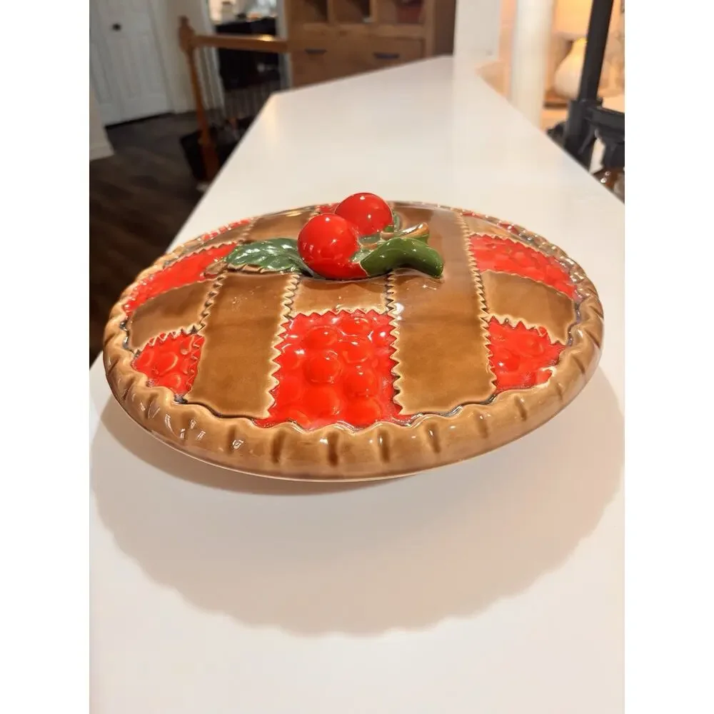 Vintage Ceramic Covered Cherry Pie Lattice Plate and Lid Japan trompe l'oeil 50s